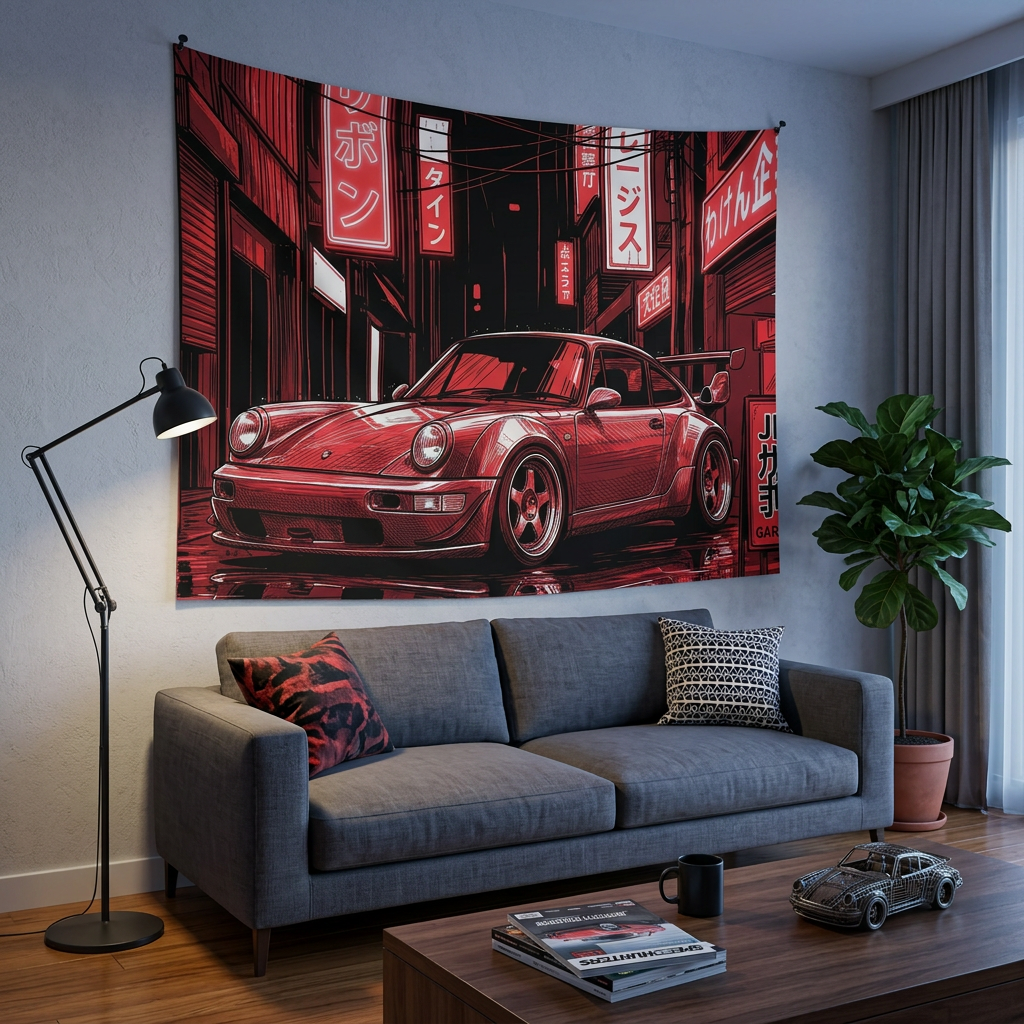 Retro Red Porsche 911 Wall Tapestry Neon JDM Street Car Art