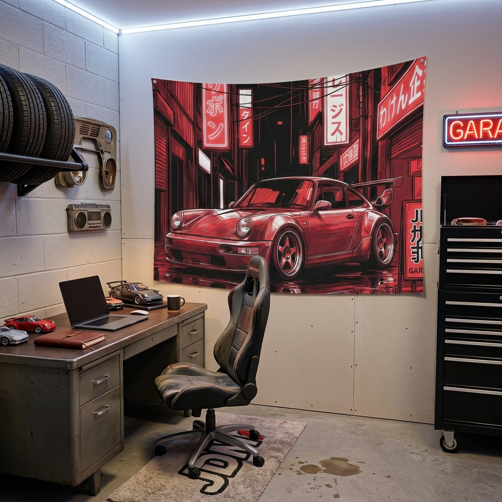 Retro Red Porsche 911 Wall Tapestry Neon JDM Street Car Art