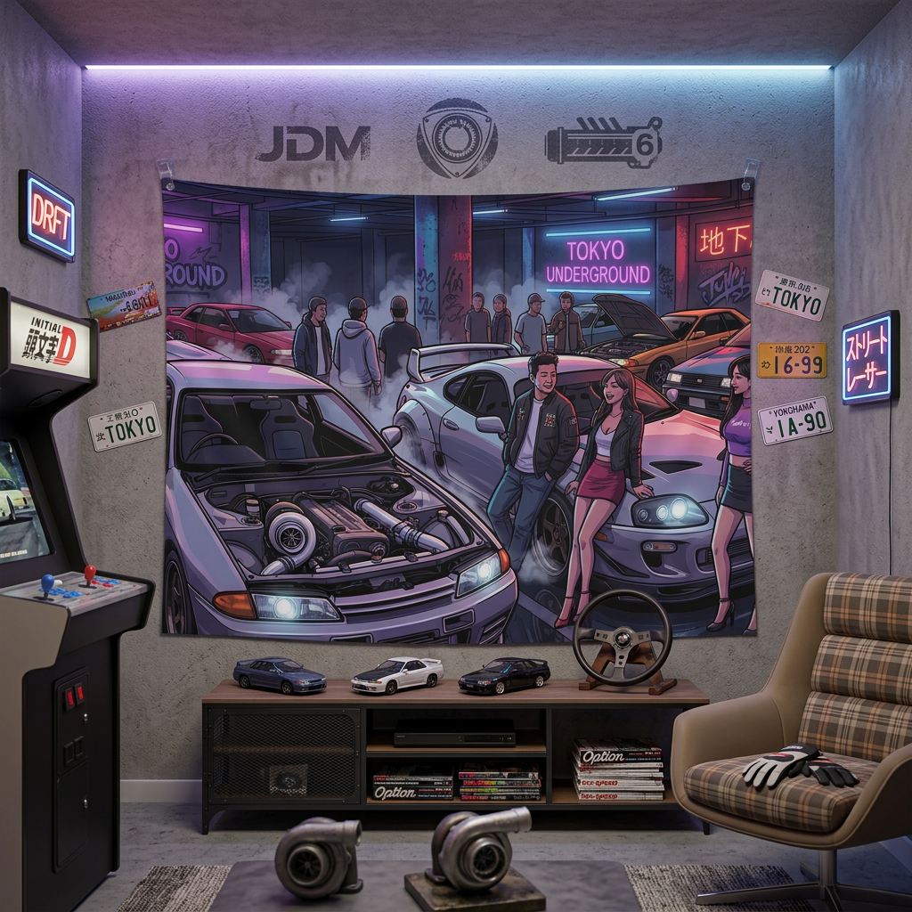 Skyline R32 GT-R Supra MK4 Tokyo Underground Neon JDM Car Wall Art Tapestry