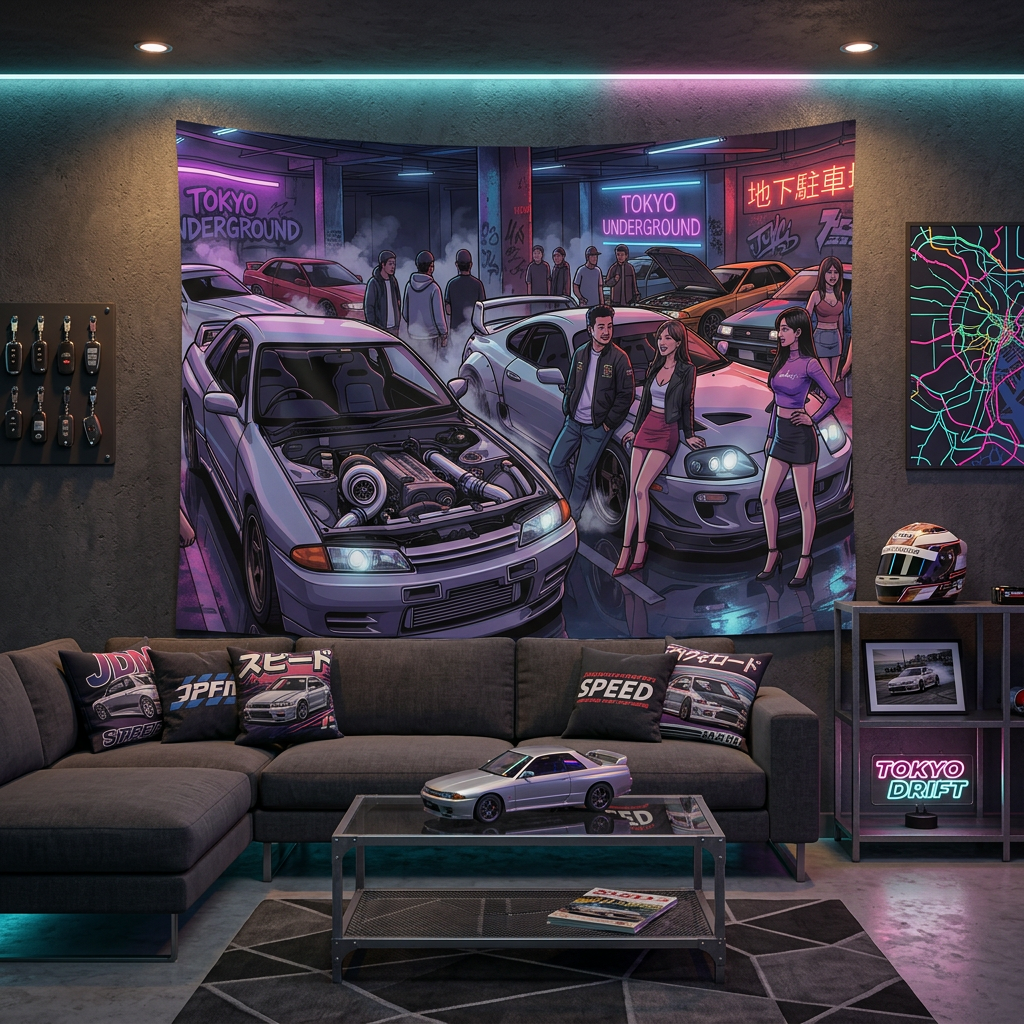 Skyline R32 GT-R Supra MK4 Tokyo Underground Neon JDM Car Wall Art Tapestry
