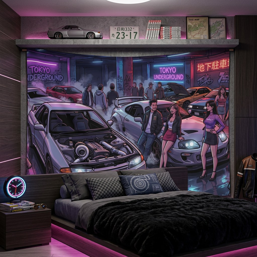 Skyline R32 GT-R Supra MK4 Tokyo Underground Neon JDM Car Wall Art Tapestry