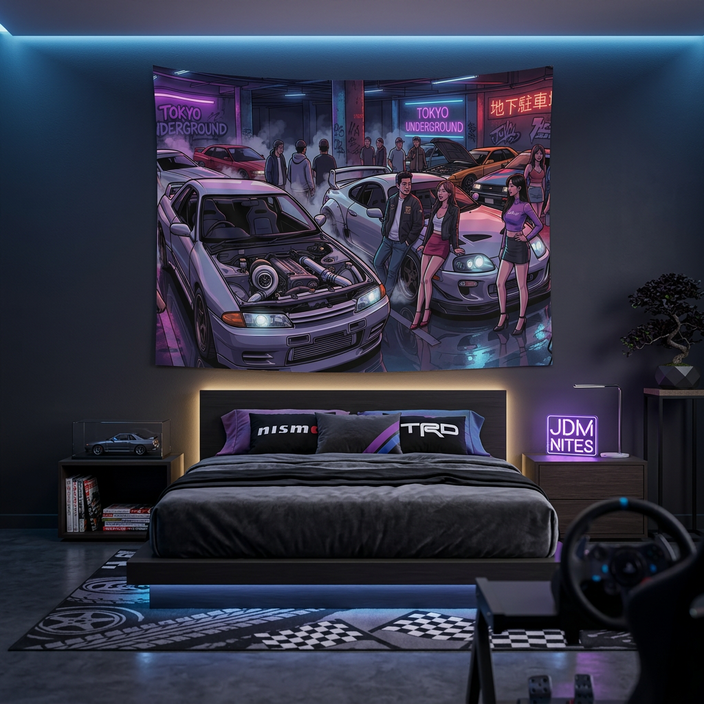 Skyline R32 GT-R Supra MK4 Tokyo Underground Neon JDM Car Wall Art Tapestry