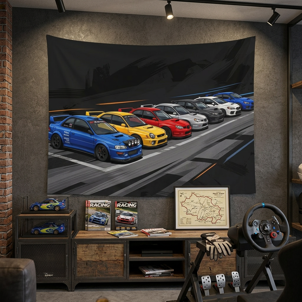 Subaru WRX STI Generations Rally Car Wall Art Tapestry