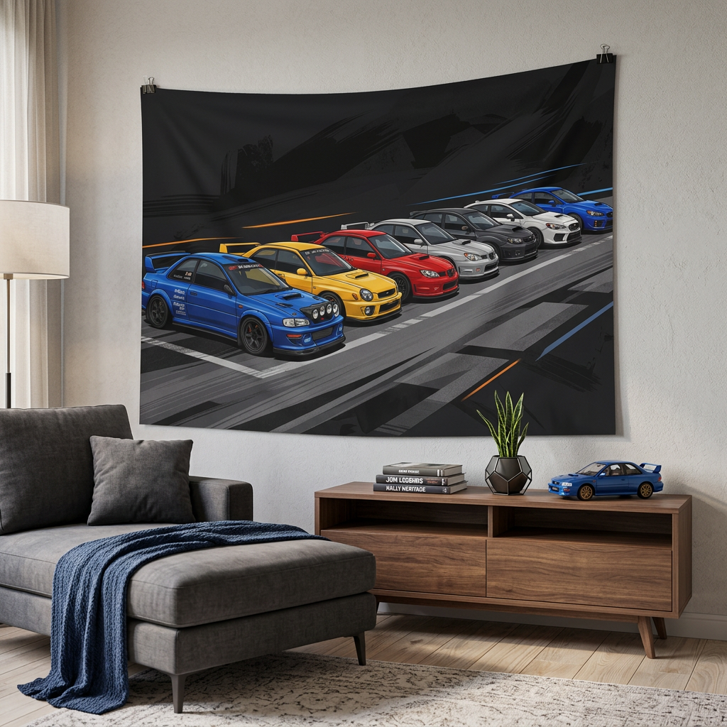 Subaru WRX STI Generations Rally Car Wall Art Tapestry