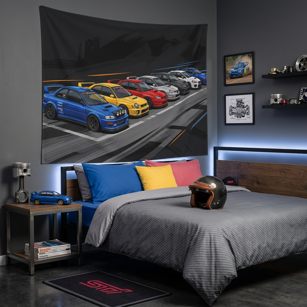 Subaru WRX STI Generations Rally Car Wall Art Tapestry