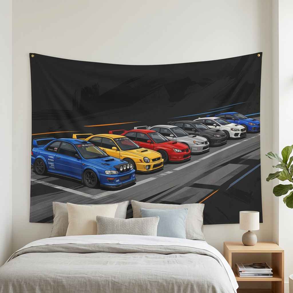 Subaru WRX STI Generations Rally Car Wall Art Tapestry