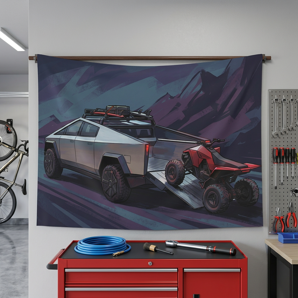 Tesla Cybertruck & Cyberquad ATV Mountain Adventure Car Wall Art Tapestry