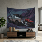 Tesla Cybertruck & Cyberquad ATV Mountain Adventure Car Wall Art Tapestry