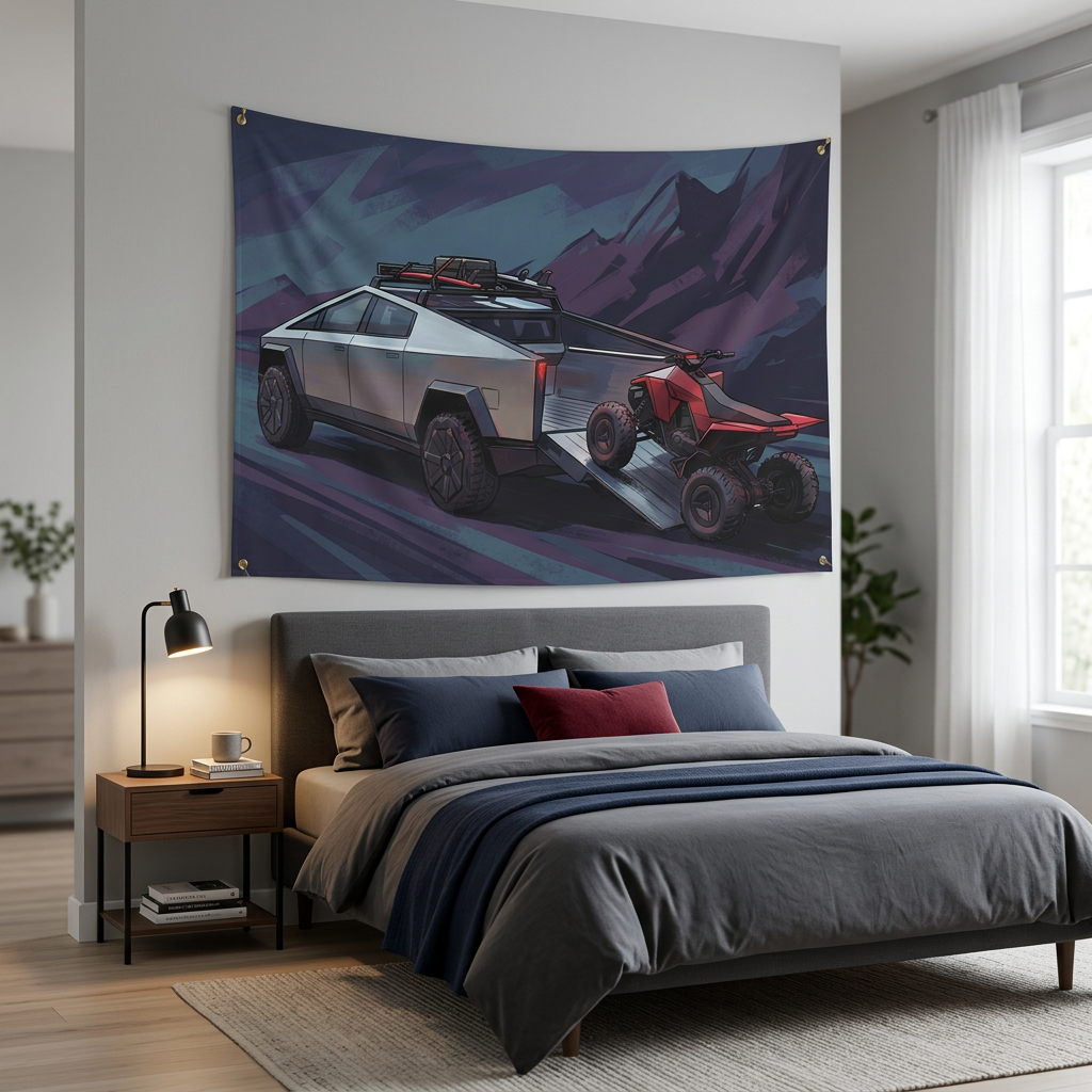 Tesla Cybertruck & Cyberquad ATV Mountain Adventure Car Wall Art Tapestry