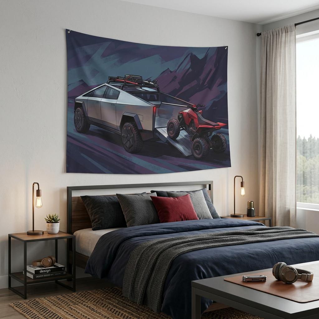 Tesla Cybertruck & Cyberquad ATV Mountain Adventure Car Wall Art Tapestry