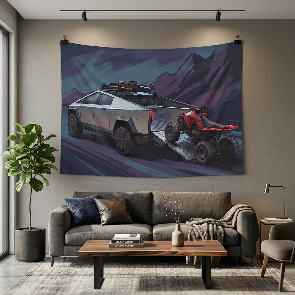 Tesla Cybertruck & Cyberquad ATV Mountain Adventure Car Wall Art Tapestry