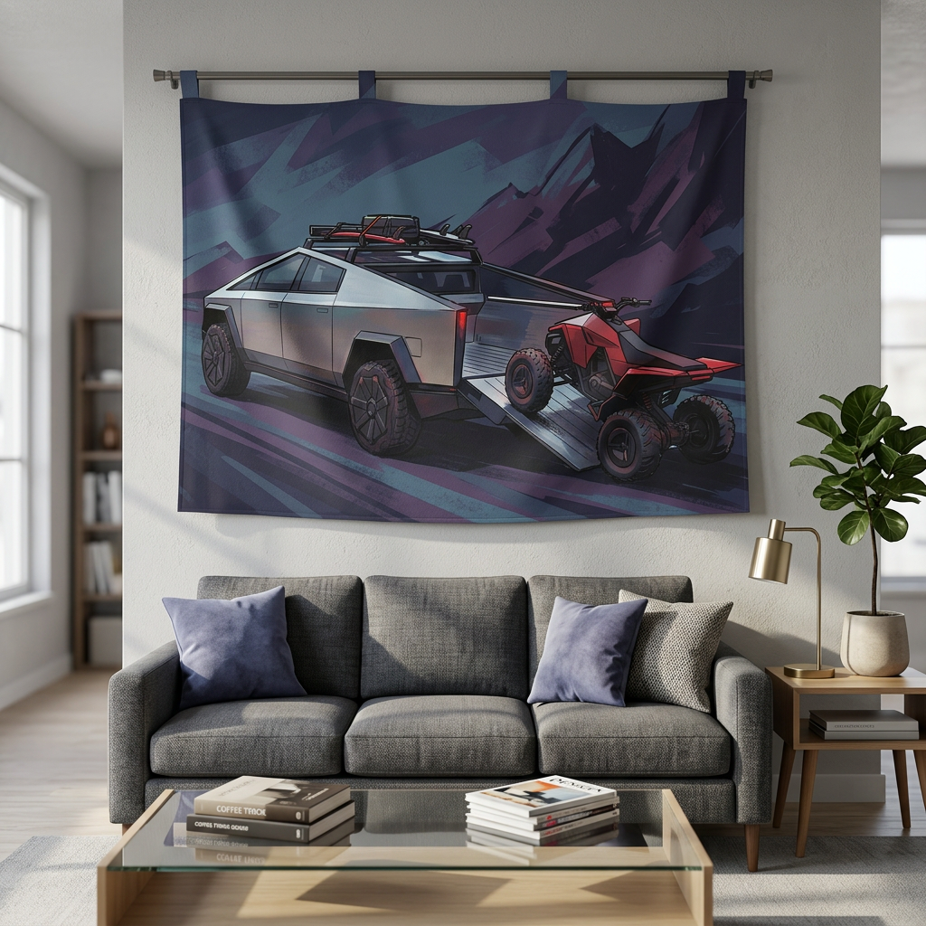 Tesla Cybertruck & Cyberquad ATV Mountain Adventure Car Wall Art Tapestry