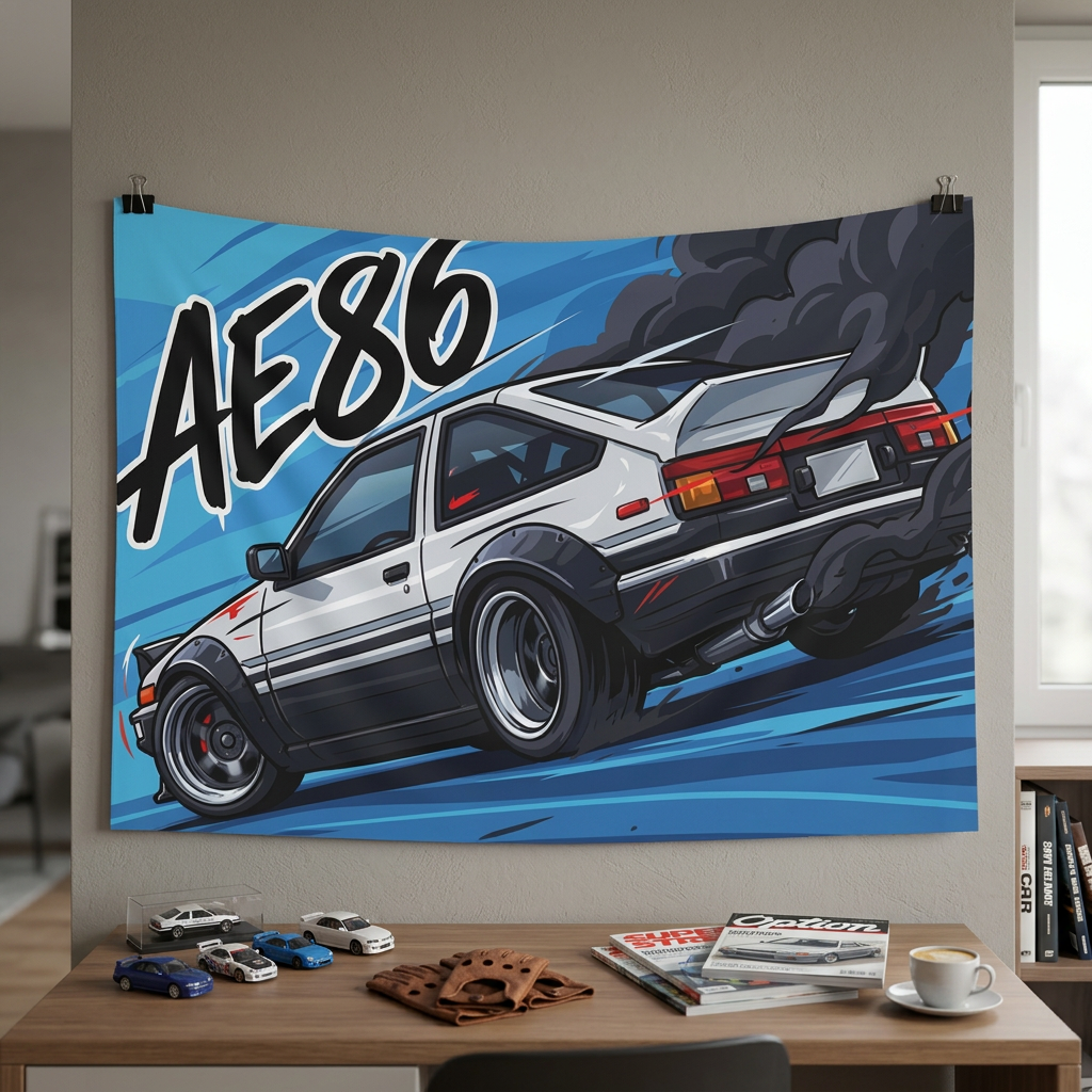 Toyota AE86 Sprinter Trueno White Panda Rear Quarter Bold Graphic Car Wall Art Tapestry
