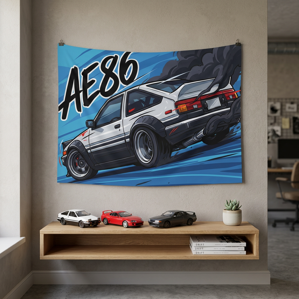 Toyota AE86 Sprinter Trueno White Panda Rear Quarter Bold Graphic Car Wall Art Tapestry