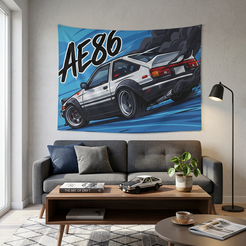 Toyota AE86 Sprinter Trueno White Panda Rear Quarter Bold Graphic Car Wall Art Tapestry