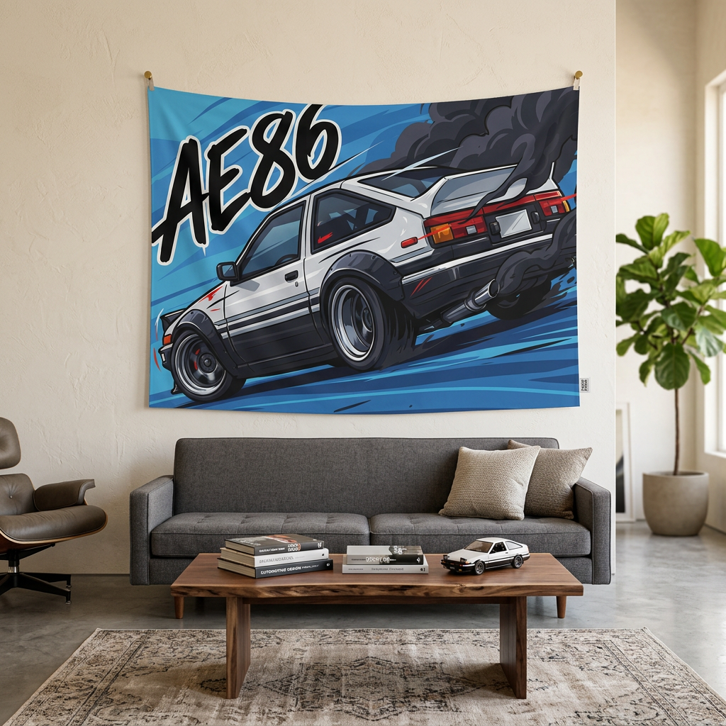 Toyota AE86 Sprinter Trueno White Panda Rear Quarter Bold Graphic Car Wall Art Tapestry