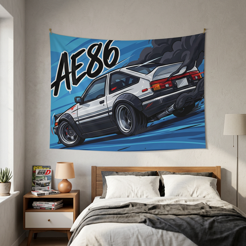 Toyota AE86 Sprinter Trueno White Panda Rear Quarter Bold Graphic Car Wall Art Tapestry