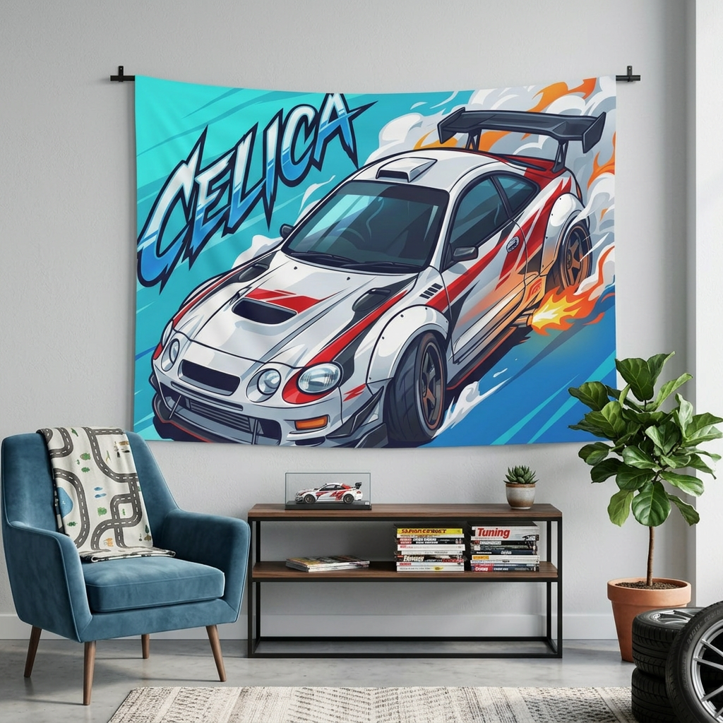 Toyota Celica GT-Four ST205 White Red Rally Livery Aerial Bold Graphic Car Wall Art Tapestry