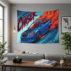 Toyota Chaser JZX100 Blue Black Bonnet Red Wheels Aerial Bold Graphic Car Wall Art Tapestry
