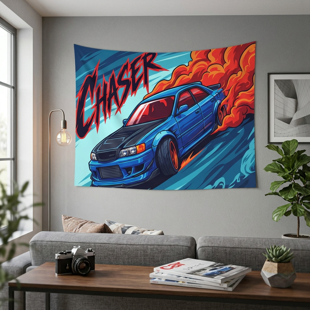 Toyota Chaser JZX100 Blue Black Bonnet Red Wheels Aerial Bold Graphic Car Wall Art Tapestry