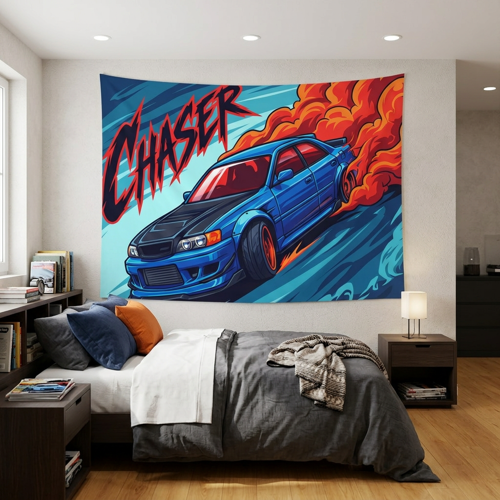 Toyota Chaser JZX100 Blue Black Bonnet Red Wheels Aerial Bold Graphic Car Wall Art Tapestry