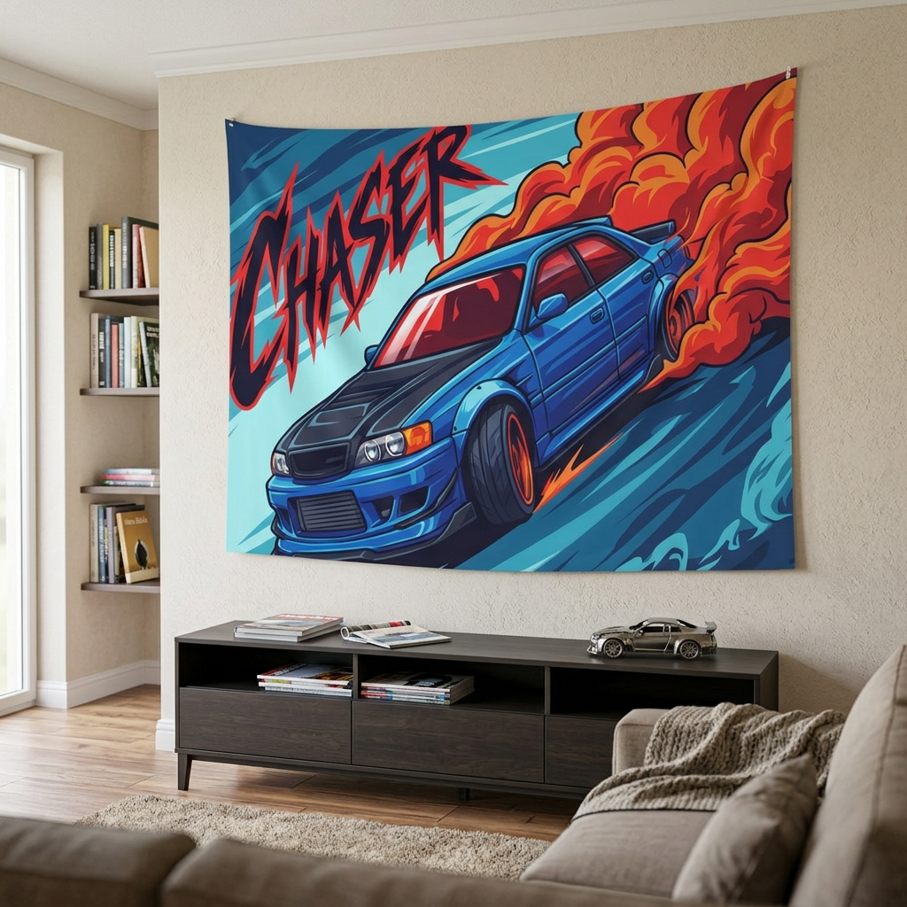 Toyota Chaser JZX100 Blue Black Bonnet Red Wheels Aerial Bold Graphic Car Wall Art Tapestry