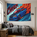 Toyota Chaser JZX100 Blue Black Bonnet Red Wheels Aerial Bold Graphic Car Wall Art Tapestry