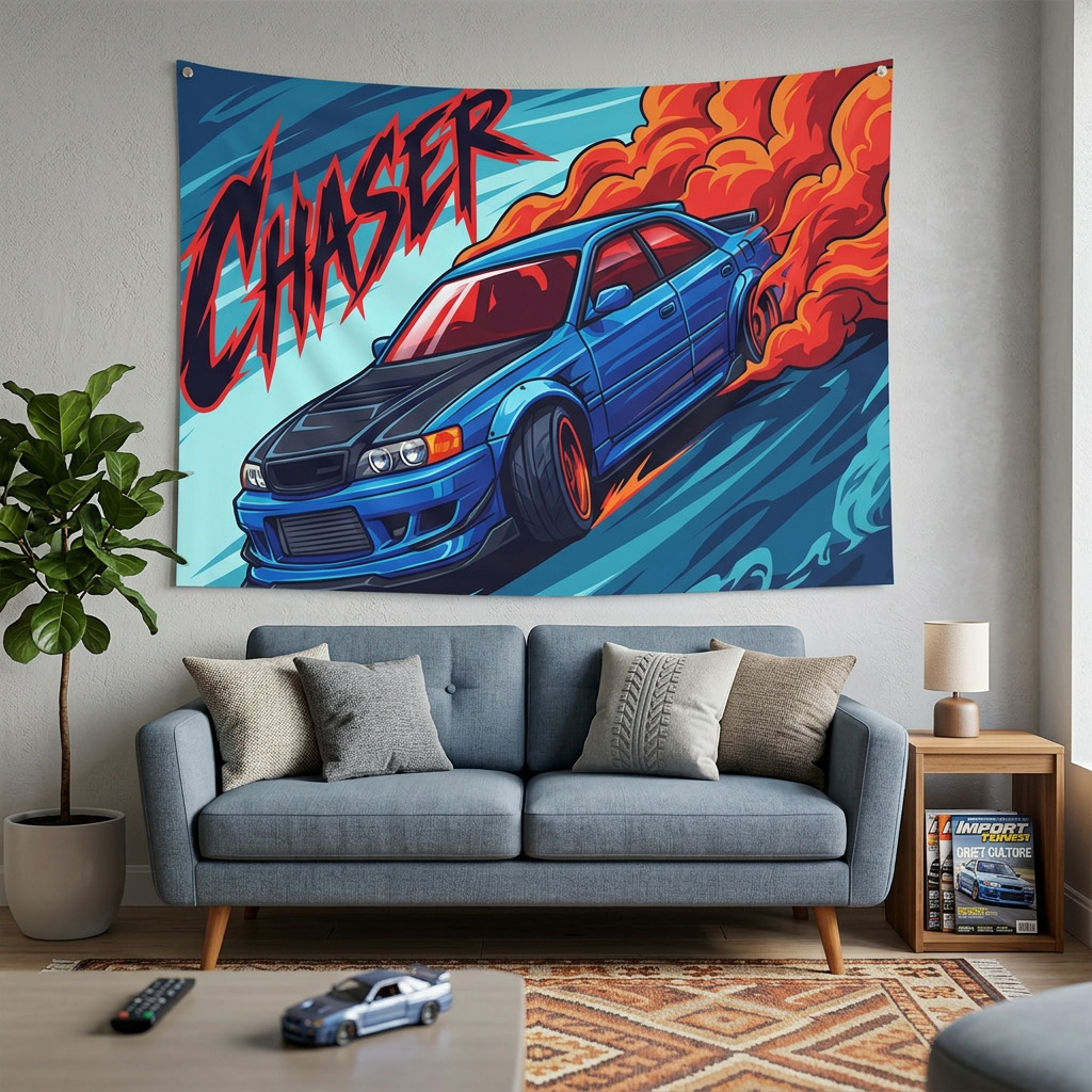 Toyota Chaser JZX100 Blue Black Bonnet Red Wheels Aerial Bold Graphic Car Wall Art Tapestry