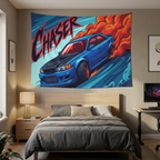 Toyota Chaser JZX100 Blue Black Bonnet Red Wheels Aerial Bold Graphic Car Wall Art Tapestry