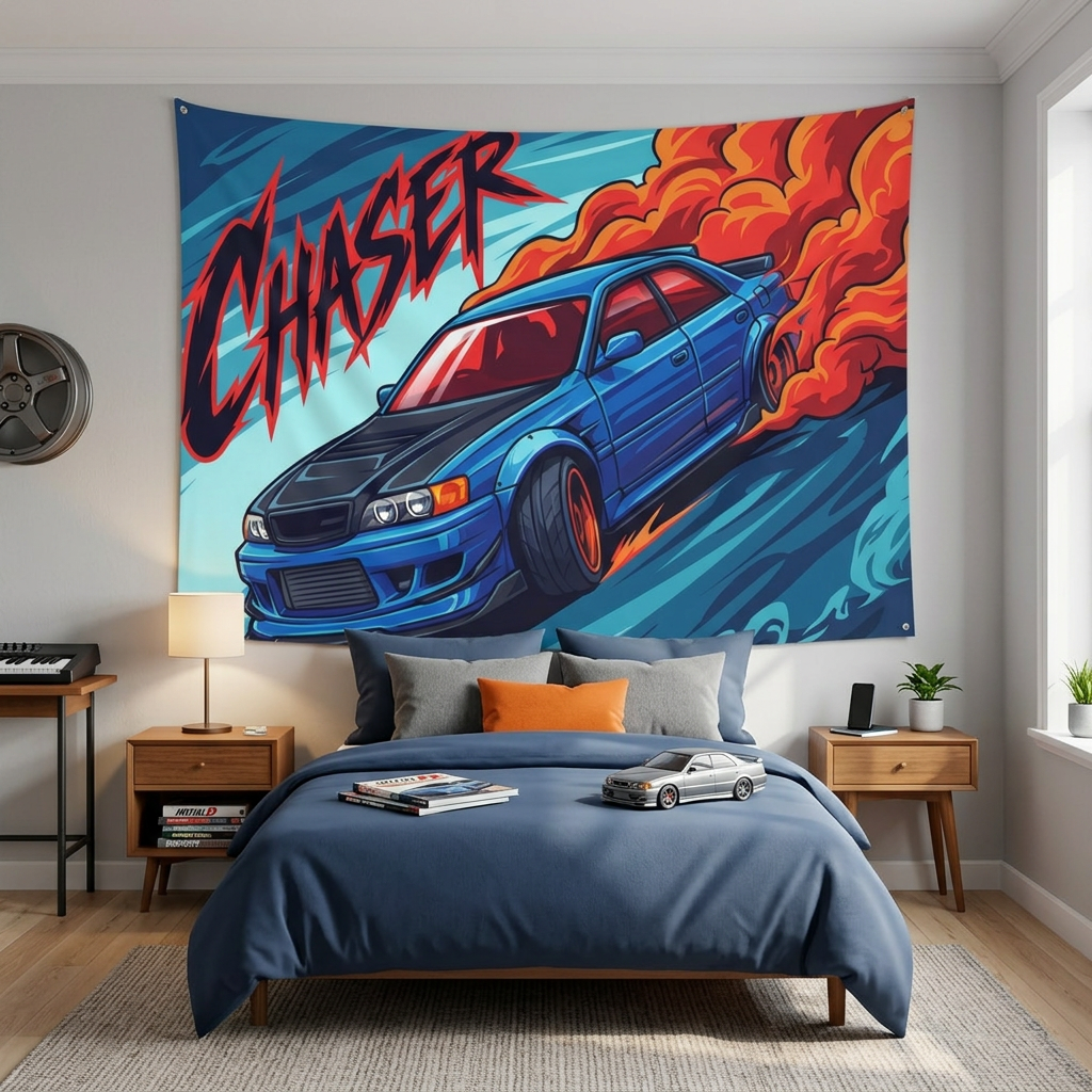 Toyota Chaser JZX100 Blue Black Bonnet Red Wheels Aerial Bold Graphic Car Wall Art Tapestry