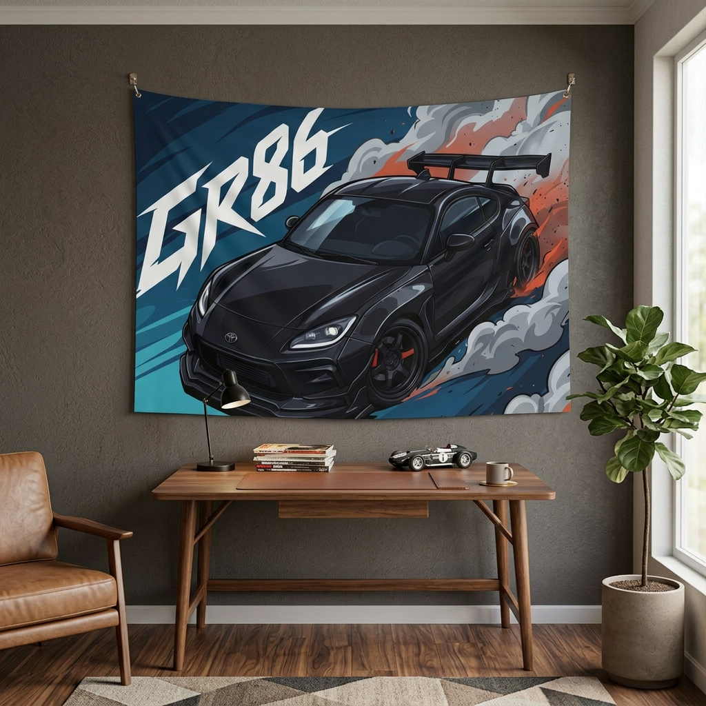 Toyota GR86 Black Widebody GT Wing Red Accent Aerial Bold Graphic Car Wall Art Tapestry