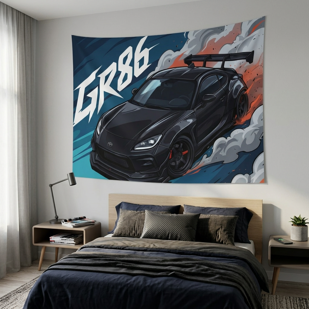 Toyota GR86 Black Widebody GT Wing Red Accent Aerial Bold Graphic Car Wall Art Tapestry