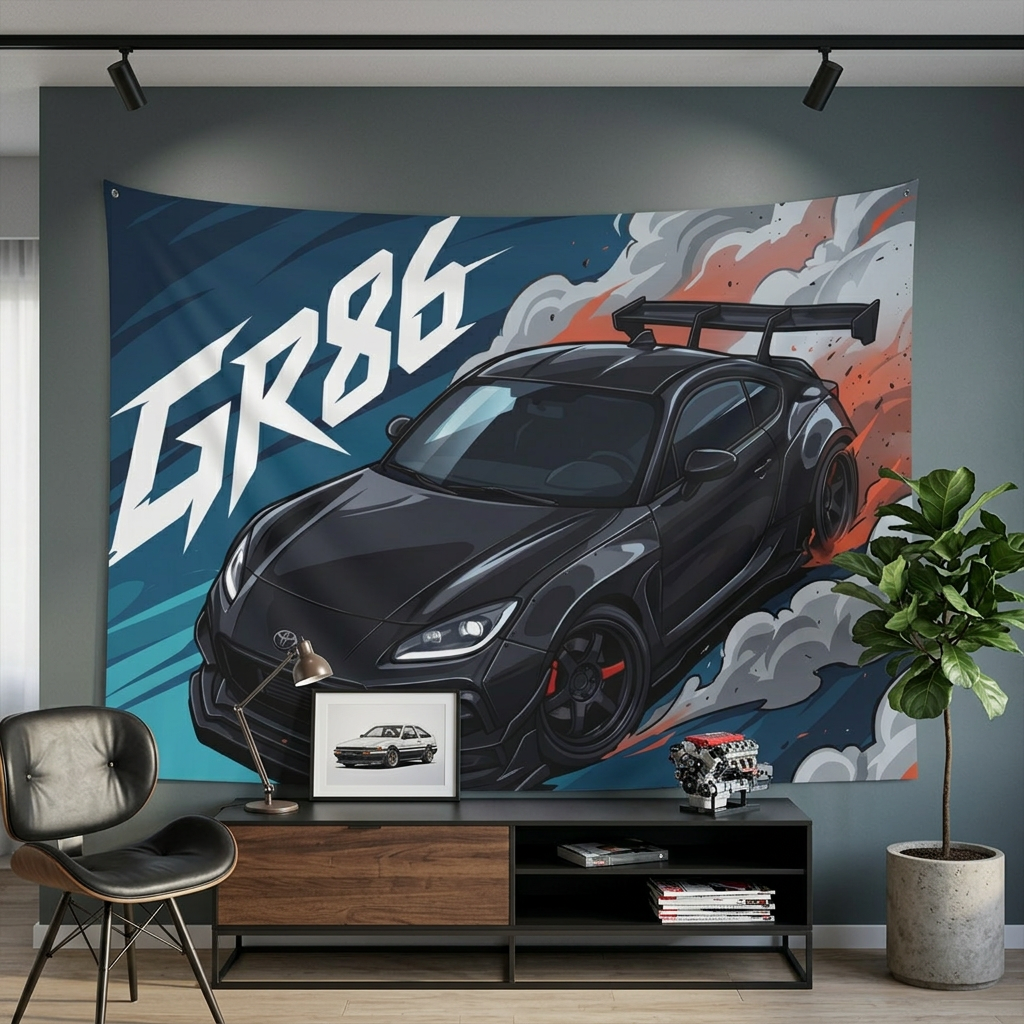 Toyota GR86 Black Widebody GT Wing Red Accent Aerial Bold Graphic Car Wall Art Tapestry