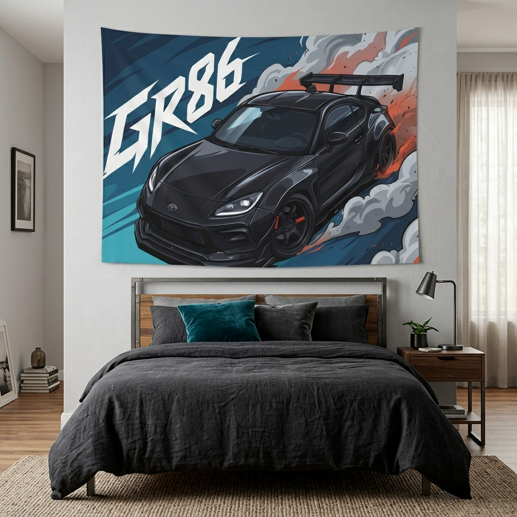Toyota GR86 Black Widebody GT Wing Red Accent Aerial Bold Graphic Car Wall Art Tapestry