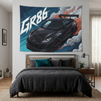 Toyota GR86 Black Widebody GT Wing Red Accent Aerial Bold Graphic Car Wall Art Tapestry