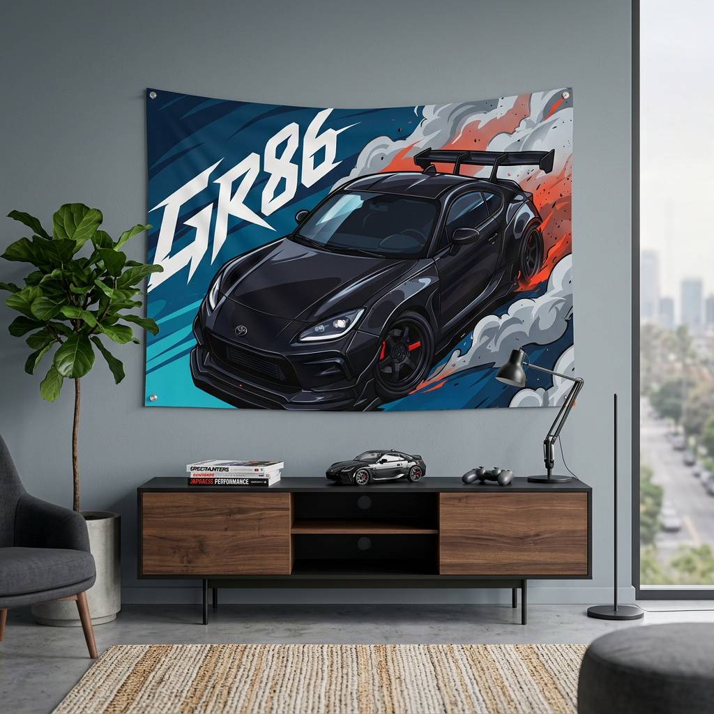 Toyota GR86 Black Widebody GT Wing Red Accent Aerial Bold Graphic Car Wall Art Tapestry