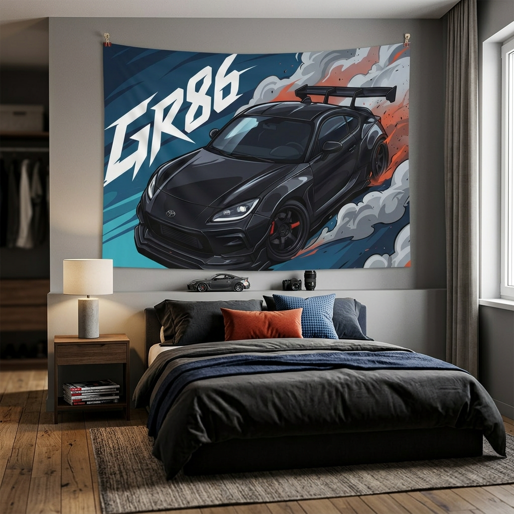 Toyota GR86 Black Widebody GT Wing Red Accent Aerial Bold Graphic Car Wall Art Tapestry