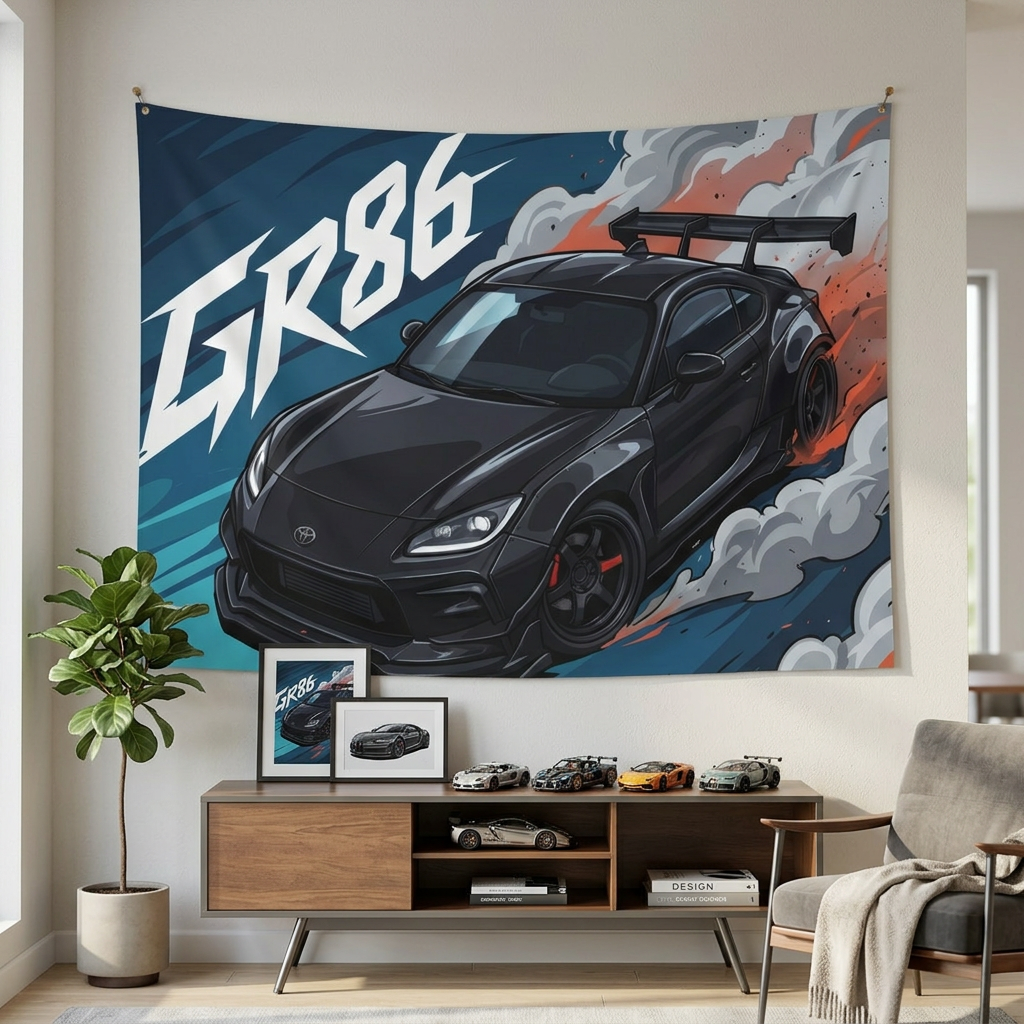 Toyota GR86 Black Widebody GT Wing Red Accent Aerial Bold Graphic Car Wall Art Tapestry