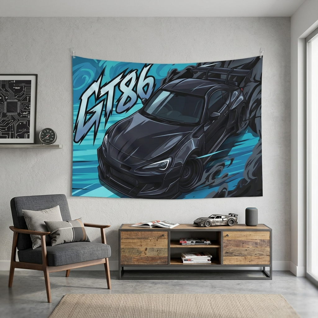 Toyota GT86 Dark Grey Widebody Rear Wing Aerial Bold Graphic Car Wall Art Tapestry