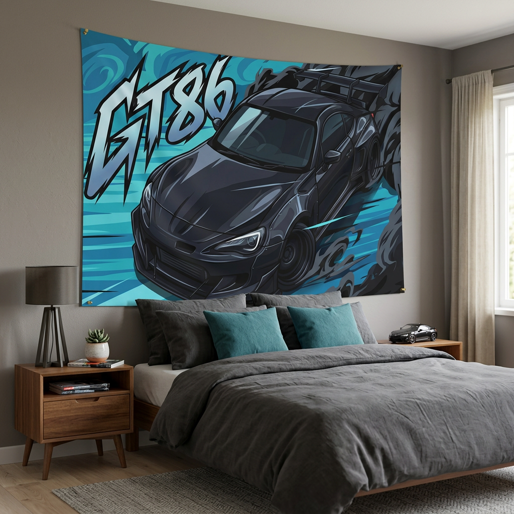 Toyota GT86 Dark Grey Widebody Rear Wing Aerial Bold Graphic Car Wall Art Tapestry