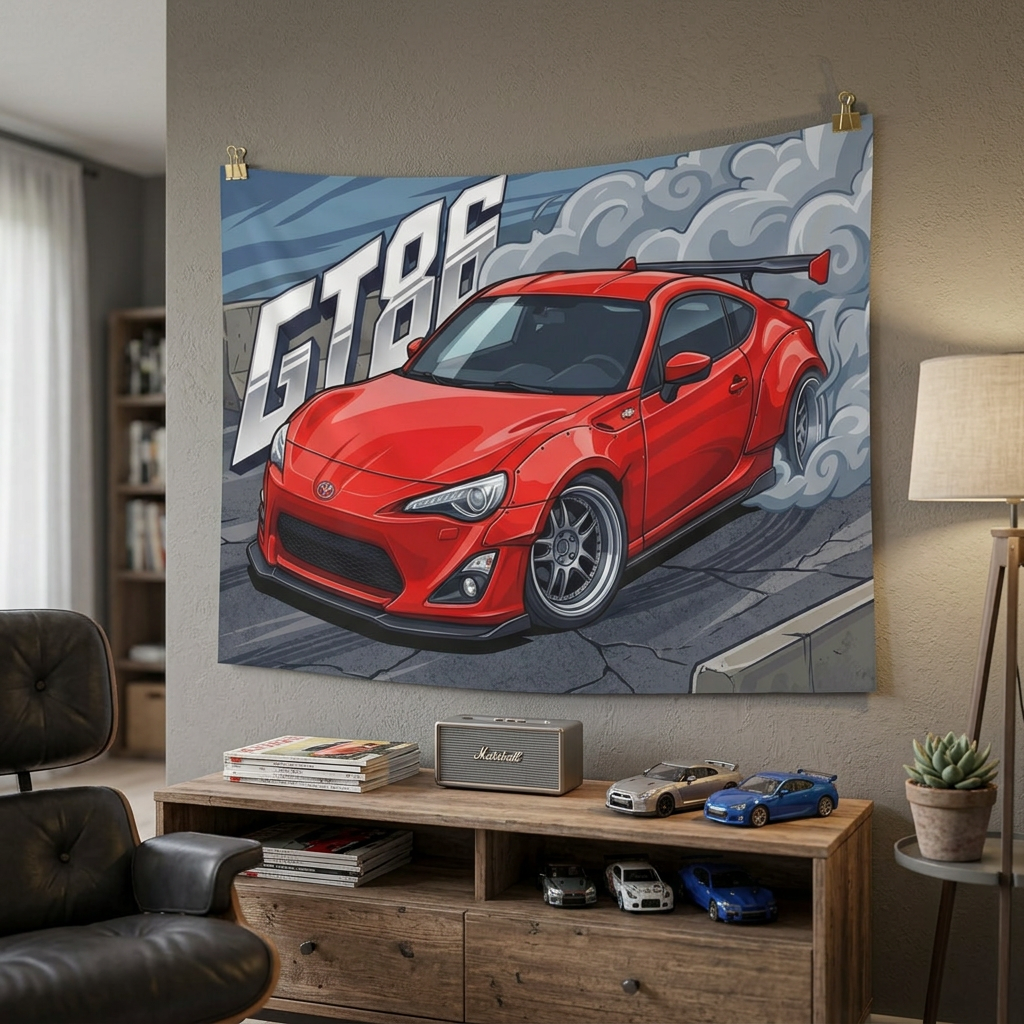 Toyota GT86 Red GT Wing Silver Wheels Low Front Street Bold Graphic Car Wall Art Tapestry
