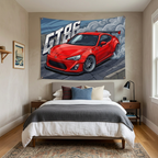 Toyota GT86 Red GT Wing Silver Wheels Low Front Street Bold Graphic Car Wall Art Tapestry