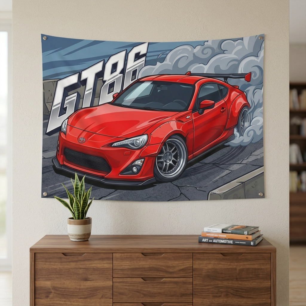 Toyota GT86 Red GT Wing Silver Wheels Low Front Street Bold Graphic Car Wall Art Tapestry