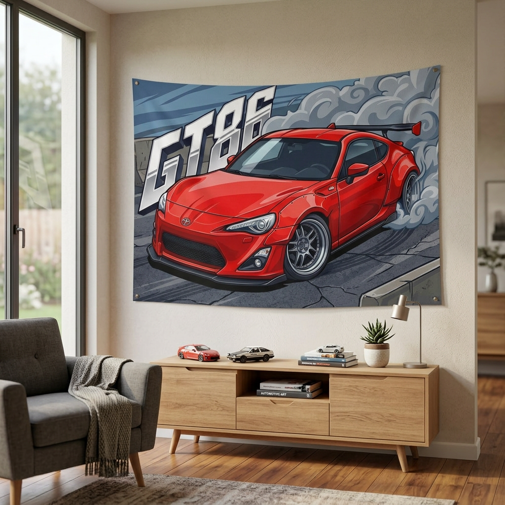 Toyota GT86 Red GT Wing Silver Wheels Low Front Street Bold Graphic Car Wall Art Tapestry