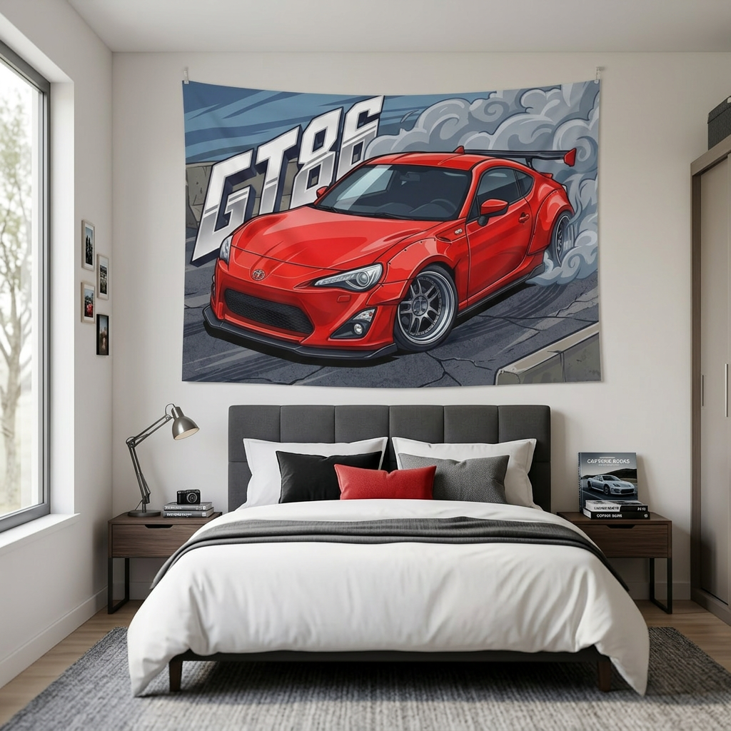Toyota GT86 Red GT Wing Silver Wheels Low Front Street Bold Graphic Car Wall Art Tapestry