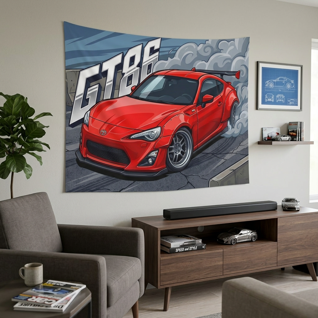Toyota GT86 Red GT Wing Silver Wheels Low Front Street Bold Graphic Car Wall Art Tapestry