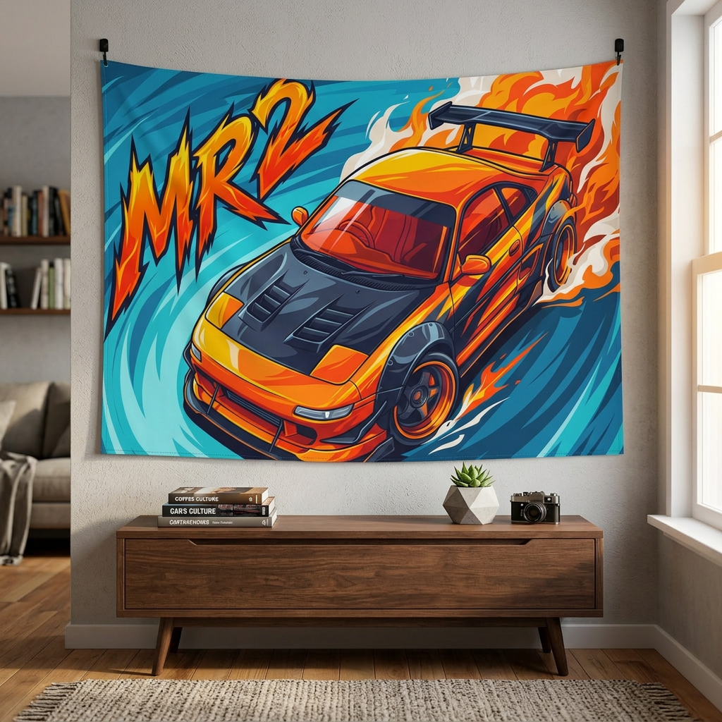Toyota MR2 SW20 Orange Black Bonnet GT Wing Aerial Bold Graphic Car Wall Art Tapestry