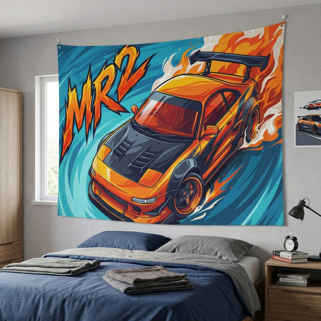 Toyota MR2 SW20 Orange Black Bonnet GT Wing Aerial Bold Graphic Car Wall Art Tapestry