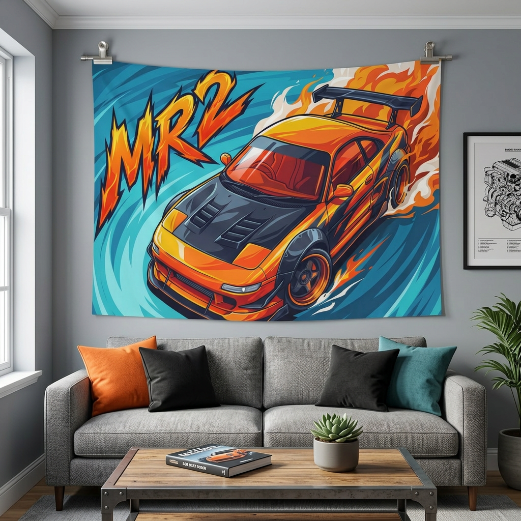 Toyota MR2 SW20 Orange Black Bonnet GT Wing Aerial Bold Graphic Car Wall Art Tapestry