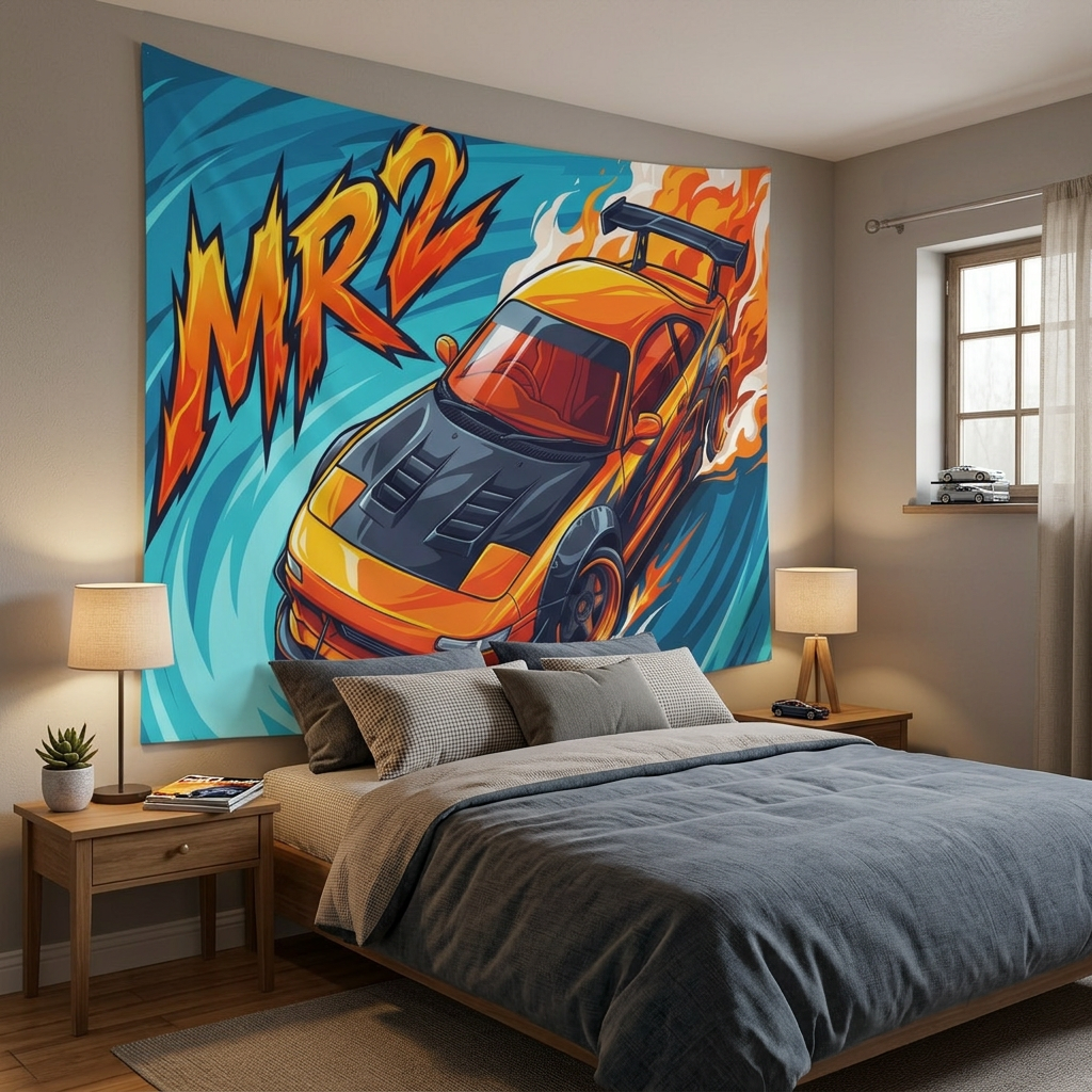 Toyota MR2 SW20 Orange Black Bonnet GT Wing Aerial Bold Graphic Car Wall Art Tapestry